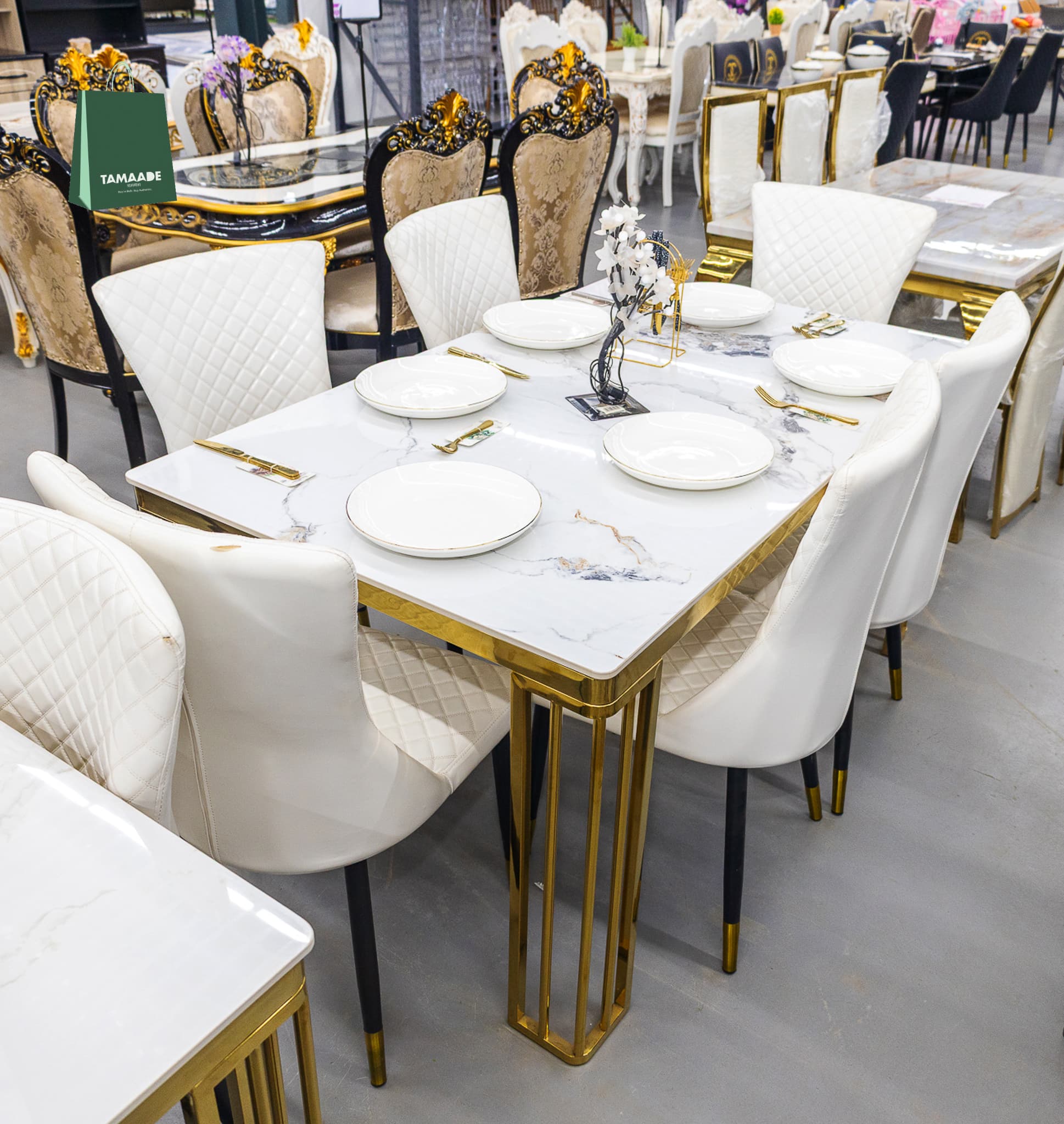 QUALITY HEAVY MARBLE DINING TABLE AND 6 LEATHER SEATS