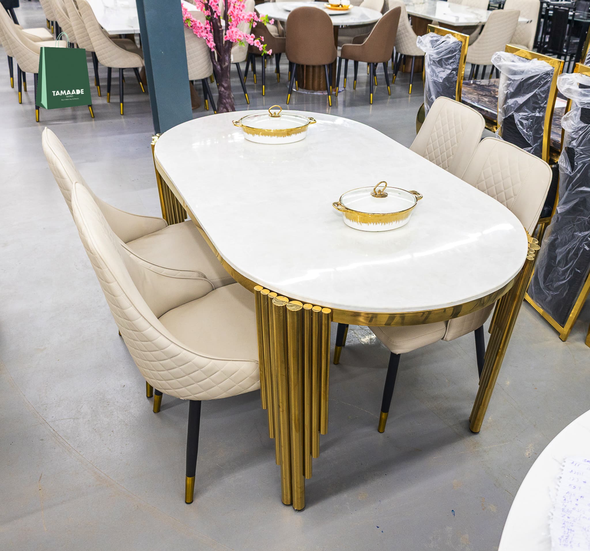 MARBLE DINING TABLE WITH LEATHER CHAIRS 4 SEATER