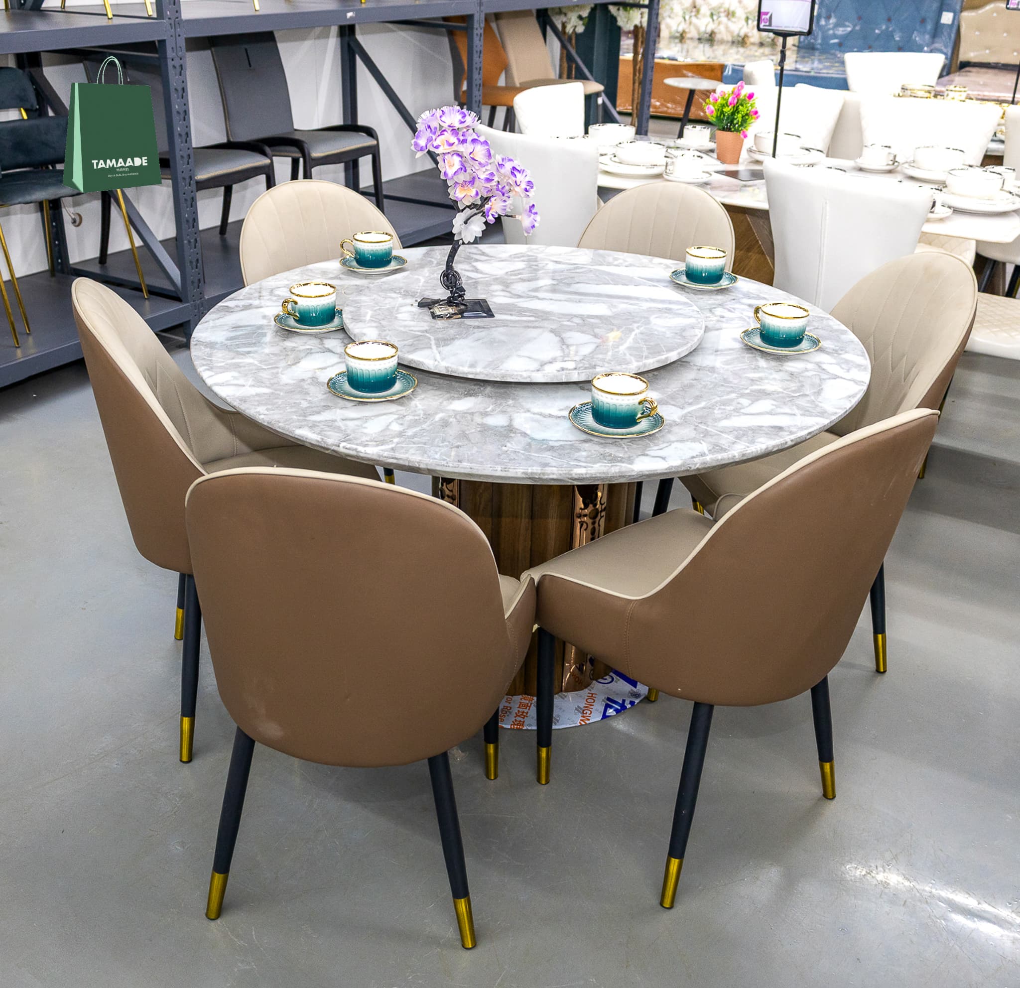 ROUND MARBLE DINING SETS WITH LAZY SUSAN PEDESTAL