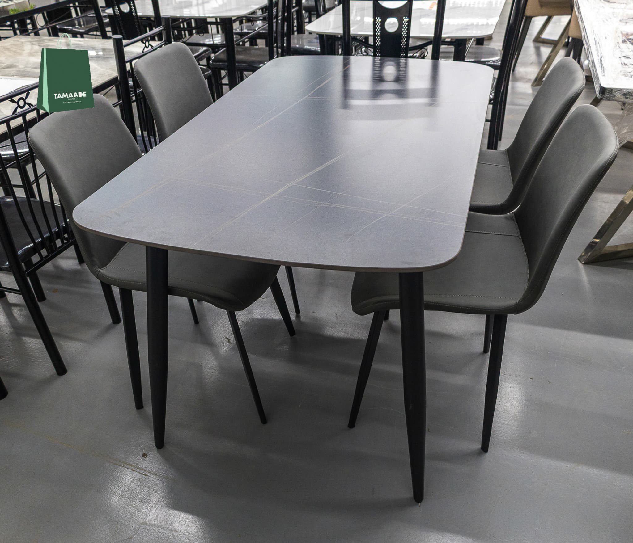 MARBLE DINING TABLE WITH LEATHER CHAIRS