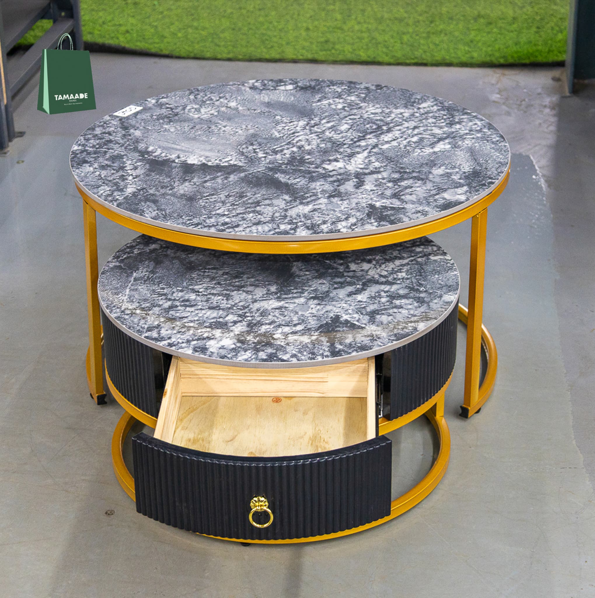 ROUNDED DOUBLE CENTER TABLE WITH DRAWER
