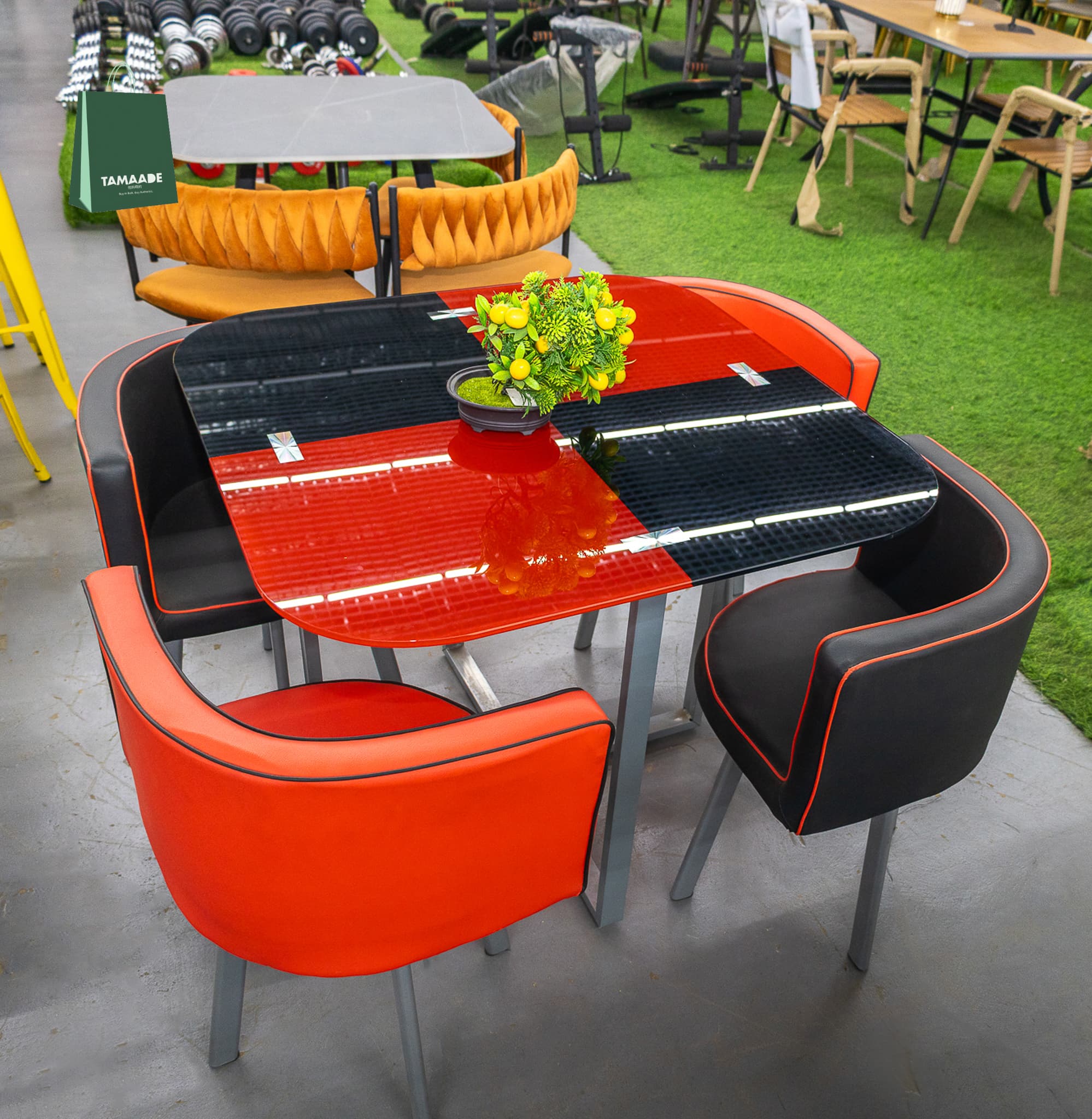 Glass Coffee Table with 4 Leather Chairs